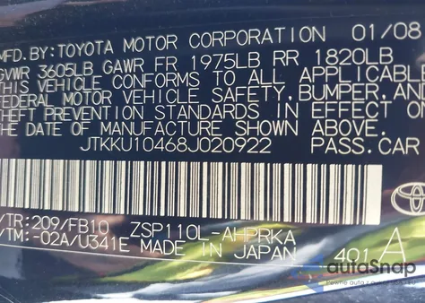 2008 Scion Xd z USA, uszkodzony, nr VIN JTKKU10468J020922